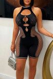 Black Sexy Solid Color Hollow Out O Neck Skinny Rompers