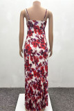 Red Elegant Print Patchwork Backless Spaghetti Strap Sling Dresses