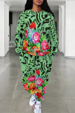 Green Casual Street Floral Print Leopard Draw String Pocket O Neck Long Sleeve Two Pieces