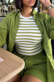 Green Casual Solid Color Draw String Pocket Buckle Patchwork Shirt Collar Long Sleeve Two Pieces
