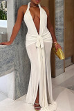 Black Elegant Solid Color Backless High Slit V Neck Long Dresses