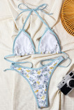 Blue Sexy Print Backless Strap Design Swimwears
