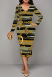 Multicolor Casual Geometric Print Chain print Contrast V Neck Printed Dresses