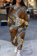 Brown Casual Street Floral Print Leopard Draw String Pocket O Neck Long Sleeve Two Pieces