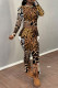 Leopard Print Street Geometric Print Flowers Leopard Contrast O Neck Long Sleeve Two Pieces