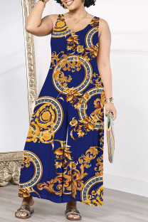 Tibetan Blue Casual Butterfly Chain print Leopard Pocket Contrast V Neck Loose Jumpsuits