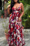 Red Elegant Print Patchwork Backless Spaghetti Strap Sling Dresses