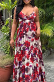 Red Elegant Print Patchwork Backless Spaghetti Strap Sling Dresses