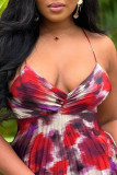 Red Elegant Print Patchwork Backless Spaghetti Strap Sling Dresses