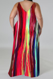 Red Casual Street Geometric Print Contrast V Neck Plus Size Jumpsuits(There is a headscarf)
