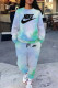 Turquoise Casual Ombre Print Letters Draw String Pocket Contrast O Neck Long Sleeve Two Pieces