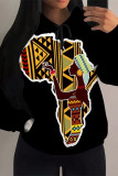 Red Green Casual Stripe Map Printing Draw String Pocket Hooded Tops