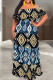 Blue Black Casual Print Patchwork Ruffled Trim Off Shoulder Long Dresses