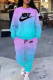 Lake Blue Casual Ombre Print Letters Draw String Pocket Contrast O Neck Long Sleeve Two Pieces