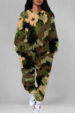 Orange Casual Street Camouflage Print Stripe Draw String Pocket Contrast O Neck Long Sleeve Two Pieces