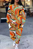 Orange Casual Street Camouflage Print Stripe Draw String Pocket Contrast O Neck Long Sleeve Two Pieces