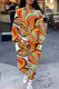 Orange Casual Street Camouflage Print Stripe Draw String Pocket Contrast O Neck Long Sleeve Two Pieces
