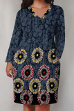 Brown Casual Floral Print Pocket Contrast V Neck Printed Plus Size Dresses