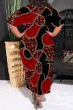 Light Green Casual Chain print Leopard Pocket Contrast O Neck Printed Plus Size Dresses