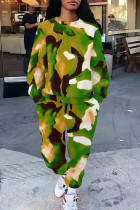 Green Casual Street Camouflage Print Stripe Draw String Pocket Contrast O Neck Long Sleeve Two Pieces