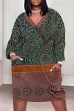 Brown Casual Floral Print Pocket Contrast V Neck Printed Plus Size Dresses