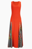 Orange Casual Print Patchwork O Neck Long Plus Size Dresses