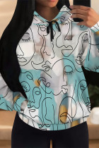 Baby Blue Casual Stripe Map Printing Draw String Pocket Hooded Tops
