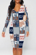 Blue Sexy Geometric Print Letters Contrast V Neck Printed Dresses