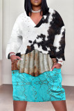 Brown Casual Floral Print Pocket Contrast V Neck Printed Plus Size Dresses