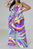 Red Casual Street Geometric Print Contrast V Neck Plus Size Jumpsuits(There is a headscarf)