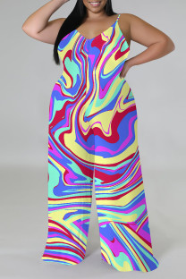 Purple Casual Street Geometric Print Contrast V Neck Plus Size Jumpsuits(There is a headscarf)