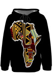 Red Green Casual Stripe Map Printing Draw String Pocket Hooded Tops