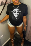 Black Casual Figure Print Letters O Neck T-Shirts