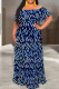 Blue Casual Print Patchwork Ruffled Trim Off Shoulder Long Dresses