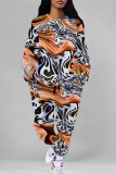 Orange Casual Street Camouflage Print Stripe Draw String Pocket Contrast O Neck Long Sleeve Two Pieces