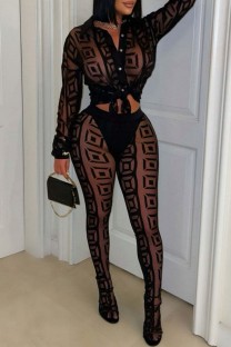 Black Sexy Solid Color Buttons Patchwork See-Through Turndown Collar Long Sleeve Two Pieces