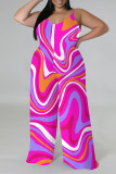 Red Casual Street Geometric Print Contrast V Neck Plus Size Jumpsuits(There is a headscarf)