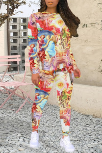 Colour Casual Street Graffiti Print Contrast O Neck Long Sleeve Two Pieces