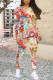 Colour Casual Street Graffiti Print Contrast O Neck Long Sleeve Two Pieces