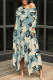 Baby Blue Casual Camouflage Print Leaf Print Letters Pocket Irregular O Neck Irregular Dresses