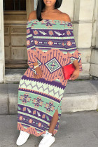 Pink Green Sexy National Totem Print Lace Up Slit Contrast Off Shoulder Irregular Dresses