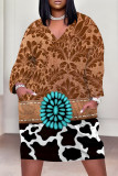 Brown Casual Floral Print Pocket Contrast V Neck Printed Plus Size Dresses