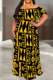 Light Khaki Casual Print Patchwork Ruffled Trim Off Shoulder Long Dresses