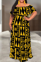 Black Yellow Casual Print Patchwork Ruffled Trim Off Shoulder Long Dresses