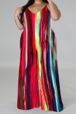 Red Casual Street Geometric Print Contrast V Neck Plus Size Jumpsuits(There is a headscarf)