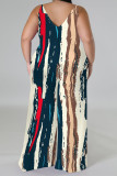 Red Casual Street Geometric Print Contrast V Neck Plus Size Jumpsuits(There is a headscarf)