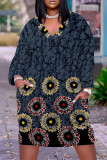 Brown Casual Floral Print Pocket Contrast V Neck Printed Plus Size Dresses