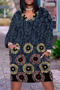Tibetan Blue Casual Floral Print Pocket Contrast V Neck Printed Plus Size Dresses