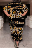 Light Green Casual Chain print Leopard Pocket Contrast O Neck Printed Plus Size Dresses