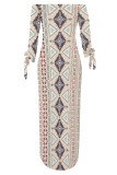 Pink Green Sexy National Totem Print Lace Up Slit Contrast Off Shoulder Irregular Dresses